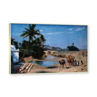 Imagem de NHLDZYH Moldura de champanhe. Famosas pinturas a óleo, (A caravana) de Jean Leon Gerome, reprodução impressa em tela, arte de cenário para decoração de sala de estar. 40 x 60 cm - 15,8 x 23,7 pol