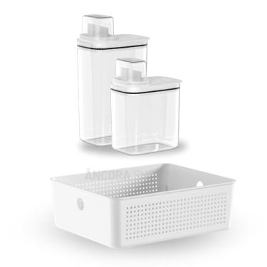 Imagem de Kit Lavanderia Dispenser 1,5L e 2,3L + Cesto 5,4L Cesto Organizador Porta Sabão Líquido Pó Amaciante (BRANCO)