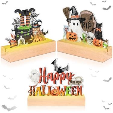 Imagem de Chunful 3 peças de decoração de mesa de arte de diamante de Halloween, faça você mesmo, pintura de diamante, kit de enfeites de mesa de acrílico, morcego, abóbora, fantasma, centros de mesa para mesa
