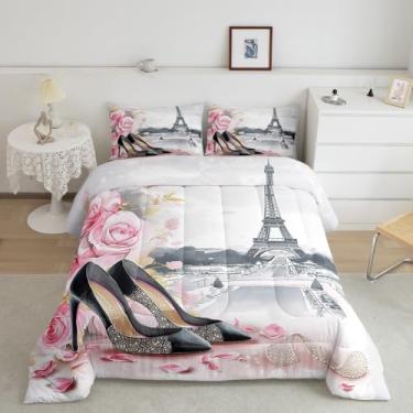 Imagem de Conjunto de edredom infantil com sapatos de salto alto, princesa, tamanho solteiro, rosas e flores da Torre Eiffel de Paris, decoração de quarto de meninas, edredom romântico com diamante brilhante