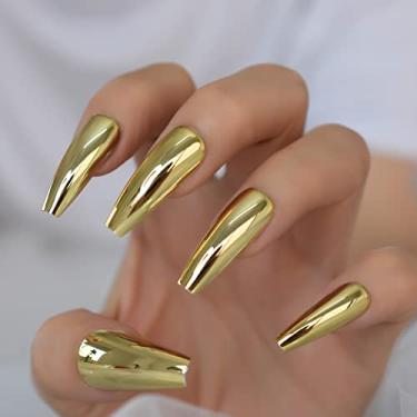 Imagem de Unhas Coffin Medium Uv Gel reutilizável cor brilhante cor dourada prensa em unhas salões de beleza em casa espelho balé Datechable manicure com 24 peças de adesivos adesivos adesivos de madeira mini