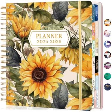 Imagem de CAGIE Agenda mensal semanal 2025-2026, 18 meses de julho de 2025 a dezembro de 2026, agenda mensal semanal, 20 x 23 cm, agenda espiral de girassol, abas mensais, fecho elástico, adesivos