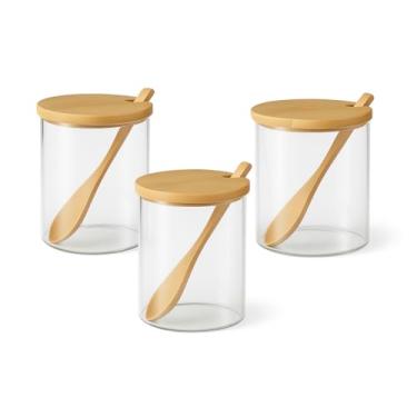 Imagem de Conjunto 3 Potes de Vidro Herméticos com Tampa de Bambu e Colher | Porta Mantimentos Decorativo para Café, Açúcar e Biscoitos | 250ml
