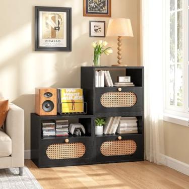 Imagem de FurniNova Suporte de TV modular 3 em 1 com portas de vime, console de mídia DIY Boho Entertainment Center moderno armário de TV com prateleiras abertas, preto