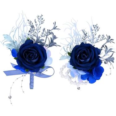 Imagem de MAFELOE Conjunto de 2 peças de corpete artificial e flor na lapela, decorações de flores simuladas para baile de formatura, festa de formatura, casamento, celebração, terno - azul marinho (W5-M1-DZ)
