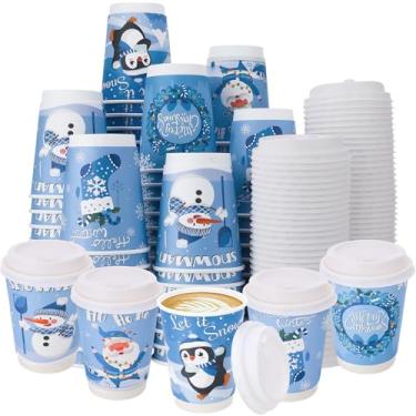 Imagem de Ovveroche 100 peças de copos de papel de café de Natal com tampas, papel kraft de 355 ml, copos de chocolate quente de cacau para Natal, inverno, férias, festas, suprimentos azuis