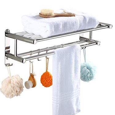 Imagem de Rack de banheiro com prateleiras duplas, toalheiro, de aço inoxidável, organizador de armazenamento com ganchos disponível em 4 estilos, adequado para casa, hotel, banheiro