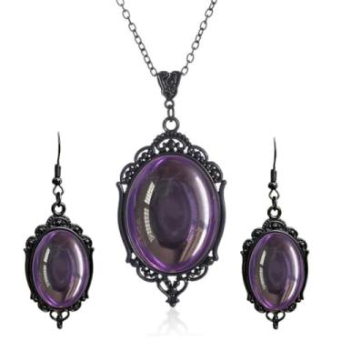 Imagem de MIFYNN Conjunto de joias gótico Stardust para mulheres vintage camafeu conjunto de colar brincos de cristal roxo conjuntos de joias de vampiro acessórios de fantasia de Halloween para mulheres, Large