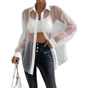 Imagem de Blusa feminina Milumia listrada de malha branca transparente GG