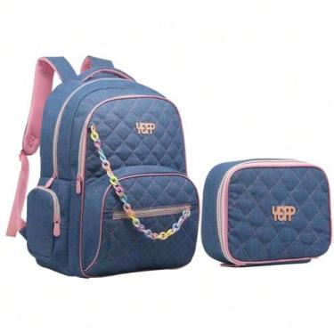Imagem de Kit Mochila Grande Escolar Estojo Box Juvenil Jeans Matelasse Teen Fem