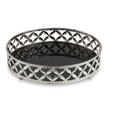 Imagem de Bandeja Decorativa Redonda Em Metal Prata Com Espelho Preto 5x20,5 Cm  - D'Rossi