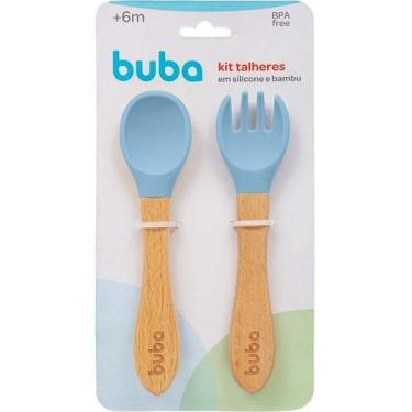 Imagem de Kit Talher de Silicone e Bambu Garfo Colher de Bebe Buba Azul