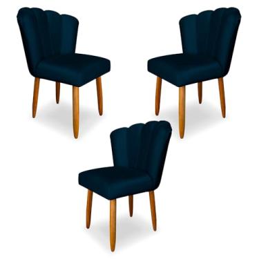 Imagem de Kit 3 Cadeiras de Jantar Pétala Estofada Pés Palito Veludo Azul Marinho - Montanaris Decor