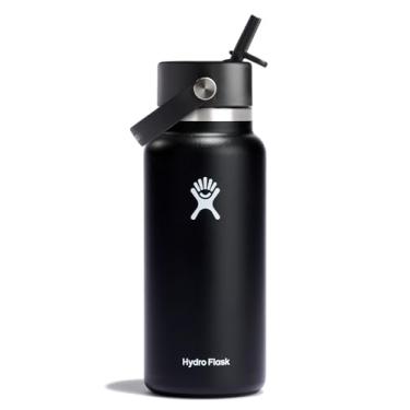 Imagem de Hydro Flask Garrafa com tampa de canudo flexível de 946 ml - aço inoxidável isolado - tampa de canudo larga, não derrama, à prova de vazamento em preto