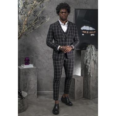 Imagem de Terno Slim Masculino Poliviscose Xadrez Preto Jordhan, Preto, 48