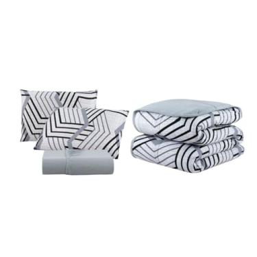 Imagem de Kit Edredom de Malha 100% Algodão Dupla Face com Viés com Jogo de Lençol e Fronha com Zíper Estampados (Queen, Cinza Geométrico)