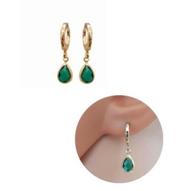 Imagem de Brinco Argolinha Gota de Cristal Verde Oliva Folheado Ouro 18k Antialé