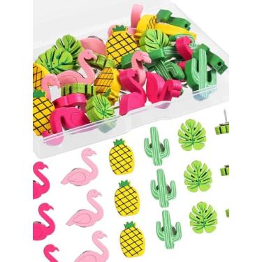 Imagem de 30 peças de pinos decorativos, flamingo fofo, abacaxi, cacto, tachinhas de polegar de folha de palmeira para quadro de avisos, quadro de cortiça, parede de fotos, decoração de escritório e casa