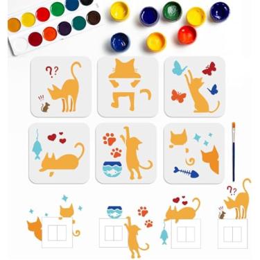 Imagem de 6 peças, 6 estilos, estampa de gato, animal de estimação, estênceis de pintura vazados 15 x 15 cm, estampa de gato, ratos, peixes, borboletas, estênceis de desenho com pincel de pintura artística para