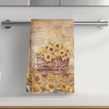Imagem de Toalhas de cozinha de girassol aquarela, carrinho vintage, toalha de prato de microfibra absorvente, toalha de chá, toalhas de mão macias de waffle para casa de fazenda, banheiro, presentes de
