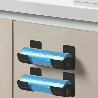 Imagem de Pacote com 4 prateleiras de armazenamento de cozinha sem perfuração com ganchos adesivos, organizador de sacolas de plástico montado na parede, suporte de saco de lixo, envoltórios, suporte de