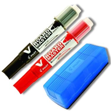 Imagem de Kit 2 Marcadores Quadro Branco Recarregável + Apagador De Quadro Branco Pilot Preto E Vermelho