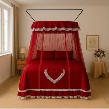 Imagem de Mosquiteiro Completo Luxo Casal/Box/Queen com Armação e Bordado Peruano – Proteção Total Contra Mosquitos(Vermelho Coração)