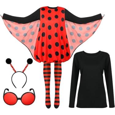 Imagem de Shihanee Conjunto de 5 pares de fantasia feminina de joaninha para cosplay com asa de joaninha e óculos de cabeça de manga comprida (grande)