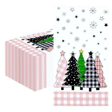 Imagem de HEIPINIUYE 50 guardanapos de papel para árvore de Natal 3 camadas toalhas de hóspedes de árvore xadrez rosa búfalo rosa toalhas de mão descartáveis para banheiro, inverno, Natal, festa, guingão
