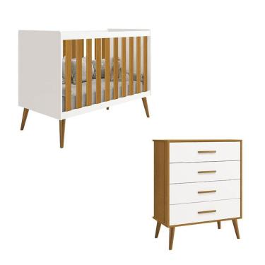 Imagem de Kit Berço Americano Infantil Isis com Cômoda Gaveteiro em MDF Branco Acetinado Savana Certificado Inmetro