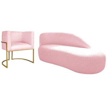 Imagem de Kit Divã Luna 160cm Lado Direito E 01 Poltrona Base De Ferro Dourada Suede Rosa Bebê