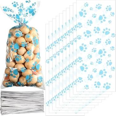 Imagem de YESON Garra de gato impressão de marca de garra de cachorro sacos de guloseimas de celofane transparente saco plástico de doces para violoncelo, azul 5,2 × 11,5 cm, pacote com 50