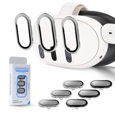 Imagem de veoyya Pacote com 2 protetores de lente de câmera para acessórios Oculus Meta Quest 3, moldura de liga, vidro temperado de dureza 9H, antiarranhões, alta definição, compatível com capas, prata + preto