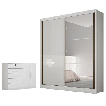 Imagem de Guarda Roupa Solteiro Dante Com Espelho E Cômoda Seul Neve - Novo Horizonte