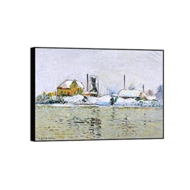 Imagem de BMZFYBS Imagem de arte de parede de paisagem - Impressões em tela vintage - Fábrica em pintura de moldura preta de neve para sala de estar decoração de casa de fazenda 50 x 70 cm 20 x 27 pol
