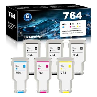Imagem de Pacote com 6 cartuchos de tinta 764 compatíveis com HP 764 HP764 para C1Q16A C1Q17A C1Q18A C1Q13A C1Q14A C1Q15A para DesignJet T3500 Postscript Printer Photo Black Matte Black Red Cyan Magenta Amarelo