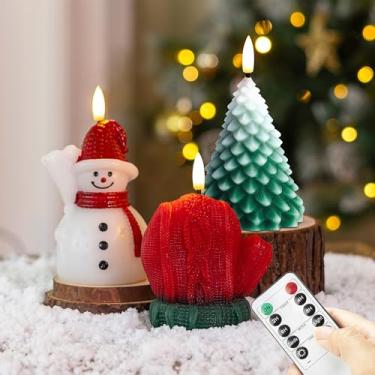 Imagem de AFINETH Velas de Natal sem chama com controle remoto, boneco de neve de cera real, árvore de Natal, vela LED em forma de luvas, velas marrons sem chama de Natal para celebração de ano novo, pacote com