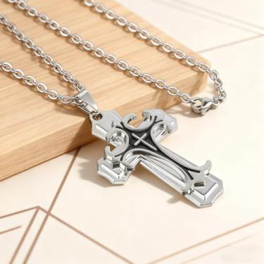 Imagem de Colar masculino com cruz de camada dupla, dois tons, pingente de cruz, vintage, colares de aço inoxidável, presentes religiosos, One Size, Aço inoxidável, Sem Pedra Preciosa