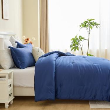 Imagem de Finlonte Conjunto de edredom King, 100% algodão, edredom fofo, edredom acolchoado de cor sólida, leve para cama king size, 264 cm × 228 cm, 3 peças, azul marinho