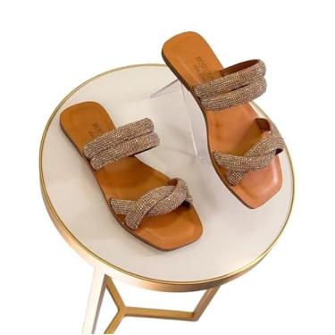 Imagem de Rasteira Feminina em Couro Dourada, Tiras Trançadas com Brilho, Sandália Flat Luxo (Dourada, BR, Adulto, Numérico, 35)