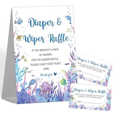Imagem de Sorteio de fraldas para chá de bebê, 1 placa de pé com 50 bilhetes de sorteio de fraldas, bilhetes de sorteio de fraldas oceano sob o mar para chá de bebê, suprimentos de decoração de festa revelação