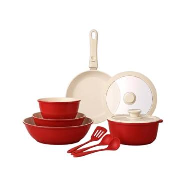 Imagem de Conjunto Premium de Panelas de Cerâmica VERMELHO, 10 Peças com Cabo Removível, Frigideira 26cm, Caçarolas 20-26cm, Panelas 16-20cm, Utensílios de Silicone, Tampa de Vidro