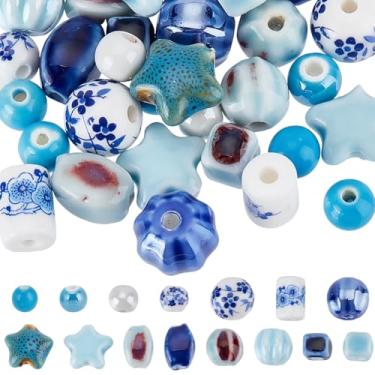 Imagem de SUNNYCLUE 1 caixa 66 peças de contas de cerâmica mistas azul e branco contas de cerâmica porcelana sortidas estrela redonda quadrada impressa espaçador solto para fazer joias, faça você mesmo