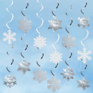 Imagem de 14 peças de decorações de floco de neve de inverno, flocos de neve, decoração de redemoinho, guirlanda de flocos de neve, Natal, inverno, país das maravilhas decoração de teto, branco, prata, flocos