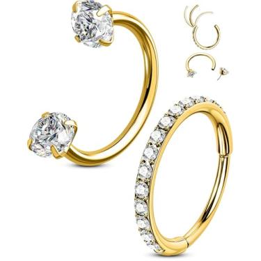 Imagem de OUFER 2 argolas de nariz douradas, 20 g de argola dupla em ferradura sem fio para mulheres, piercing de septo Daith Tragus Helix Rook Sobrancelha piercing de lábio - 8 mm