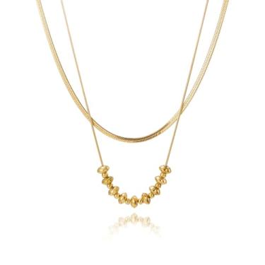 Imagem de WASAIE Colar gargantilha feminina com pingente de contas em camadas, empilhável, delicado, moderno, banhado a ouro, corrente de cobra de aço inoxidável, colares simples de joias de ouro para festa de