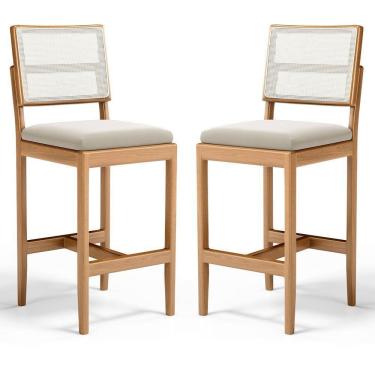 Imagem de Kit Com 2 Banqueta Milena Madeira Maciça Assento Estofado Encosto De Tela Sintética Veludo Bege 102