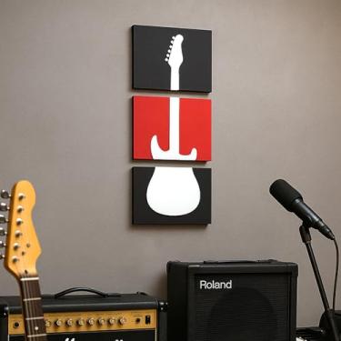 Imagem de Kit 3 Quadros Decorativos Rock Guitarras para estúdios de música em MDF(Kit Preto)