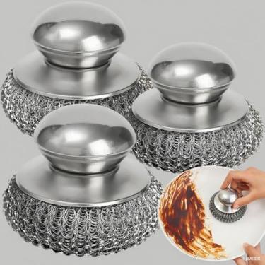 Imagem de Escova de panela de aço inoxidável de cozinha com alças para lavar louça, bola de arame, esfregão de metal resistente, ferramenta de limpeza de panela doméstica (1 peça)