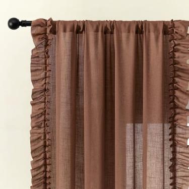 Imagem de Cortinas de terracota escura com babados de 163 cm de comprimento, 2 painéis, L 119 x C 159 cm, cortinas recortadas de linho texturizadas cor enferrujada para quarto, cortina boho semitransparente com